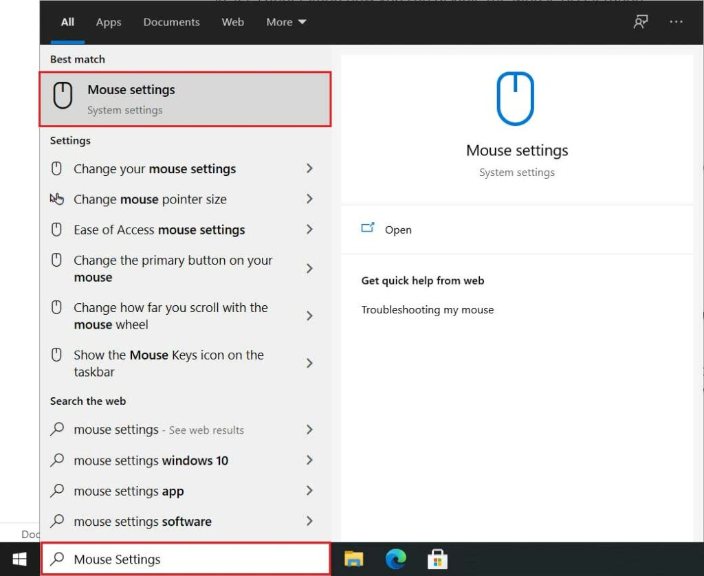 open mouse settings windows 10