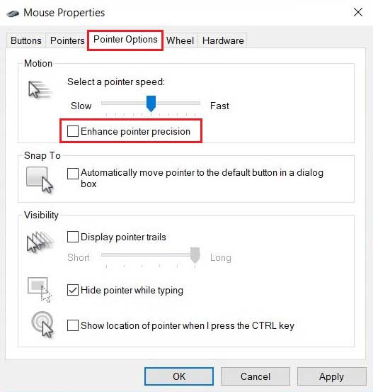 uncheck enhance pointer precision option