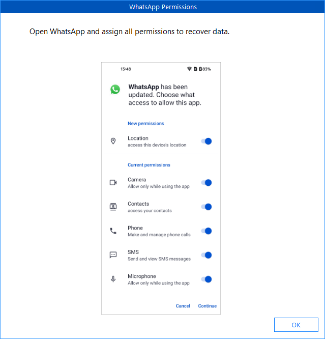 WhatsApp the required permissions on Android